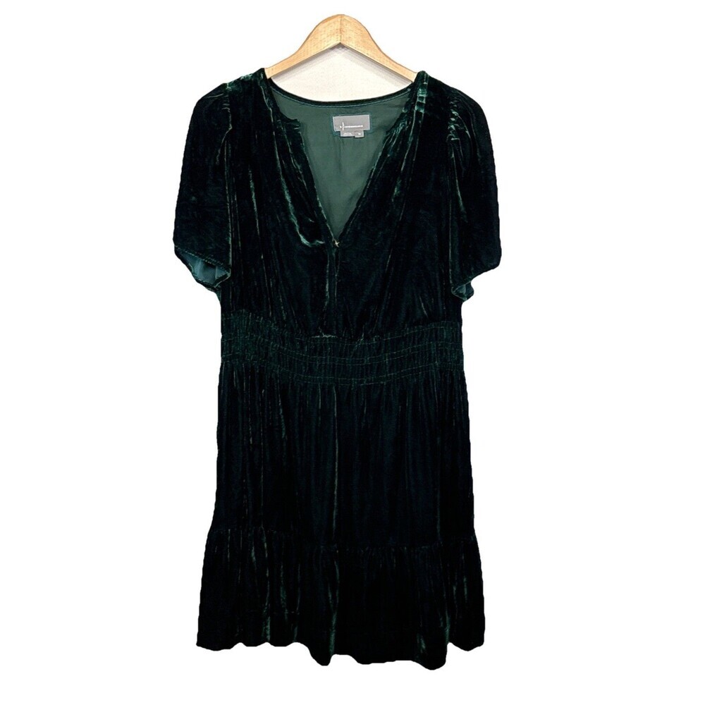 Anthropologie Somerset Velvet Mini Dress 1X Holly Green Smocked Tiered Boho
